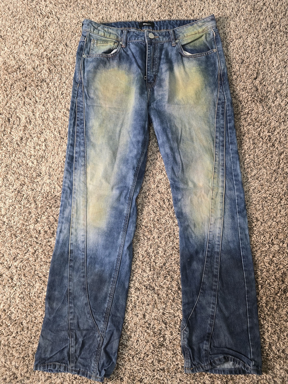 Men's Blue Washed Denim Jeans with Yellow Fade